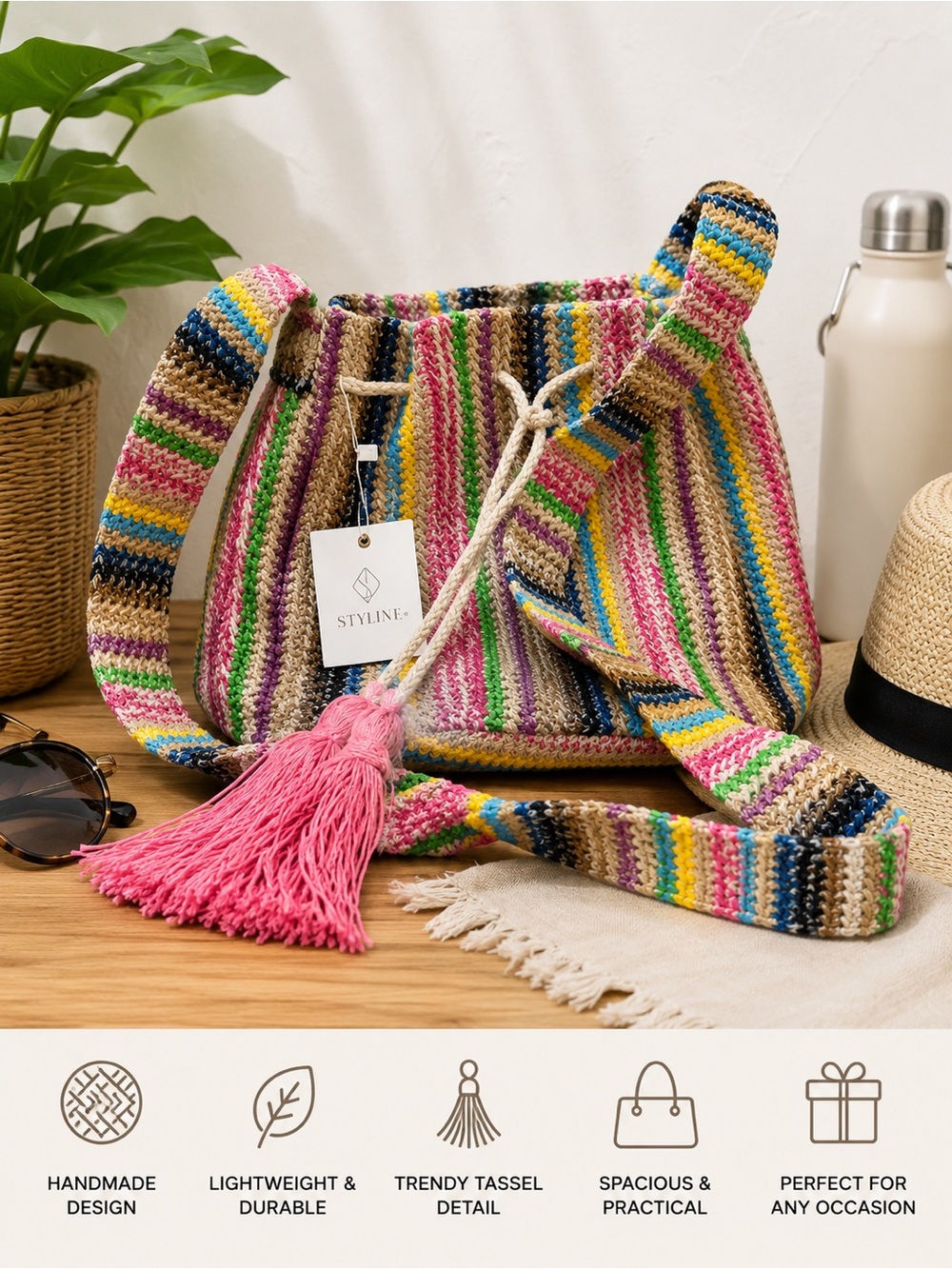 Multicolor Woven Bucket Bag with Tassel Strap - Picture 2 of 4